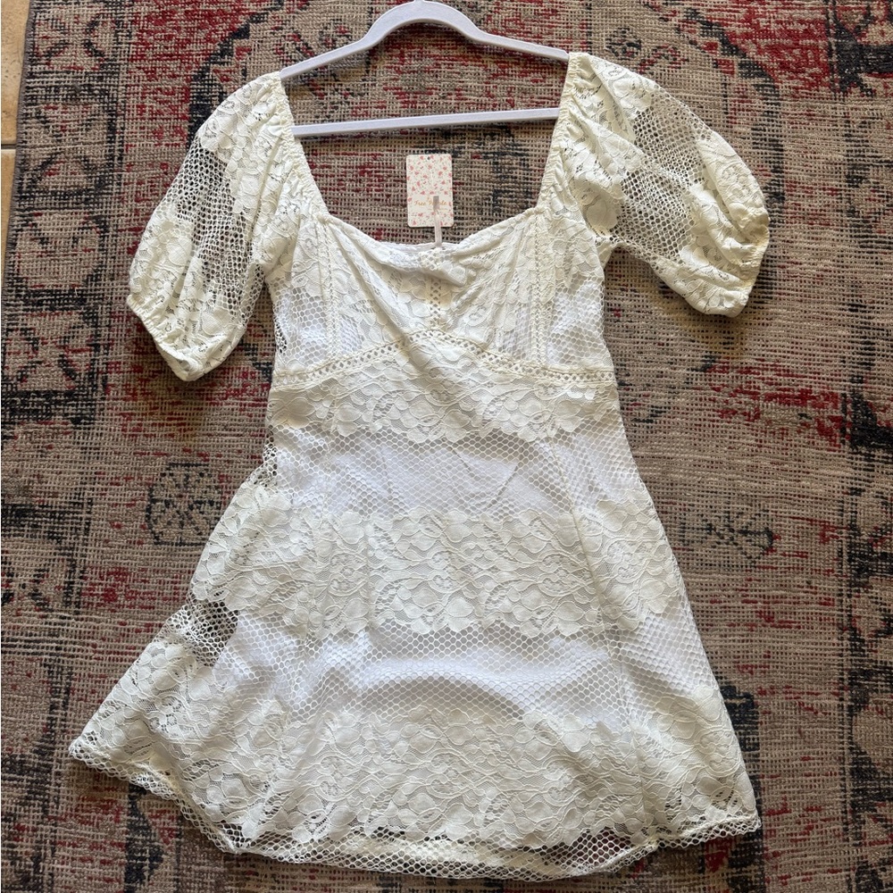 Free People White Lace Puff Sleeve Dress